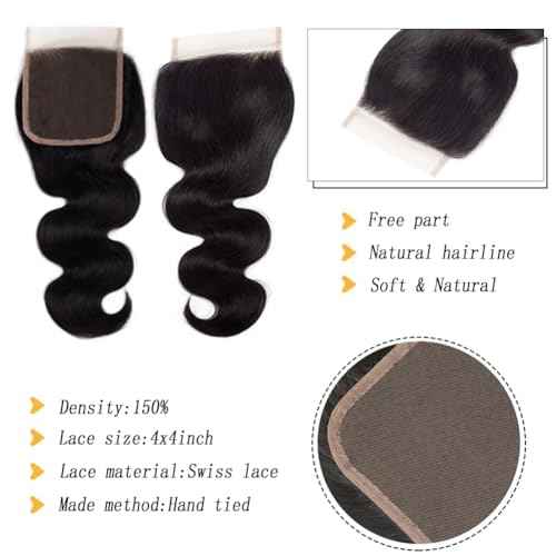12A Body Wave Human Hair Bundles with Closure 18 20 22Inch Brazilian Body Wave 100% Unprocessed Virgin Human Hair Extensions 3 Bundles with 4x4 Lace Closure Free Part Natural Black Color