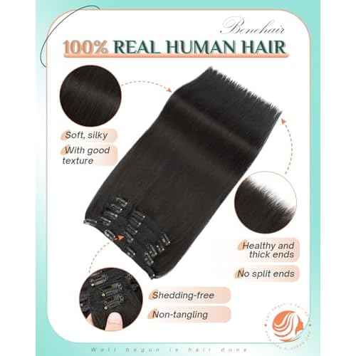 Benehair Clip in Hair Extensions Real Human Hair 22inch Double Weft Natural Black Hair Extensions Clip in Human Hair Invisible Lace Weft Straight Hair Extensions Clip ins 7pcs with 16 Clips 130g #1B