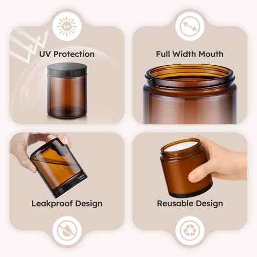 8 oz Amber Glass Jars with Lids, 12 Pack Amber Small Glass Jars with Black Lids, Lotion Container Empty Cosmetic Travel Containers for Sample, Cream, Lotion, Honey, Powder