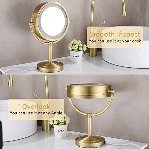 8.5 inch LED Makeup Mirror with 10X Magnification,has Three Colors Lights,Extendable Bathroom Mirror,Tabletop Two-Sided, Antique Brass Finish (Antique Brass, 10x Magnification)