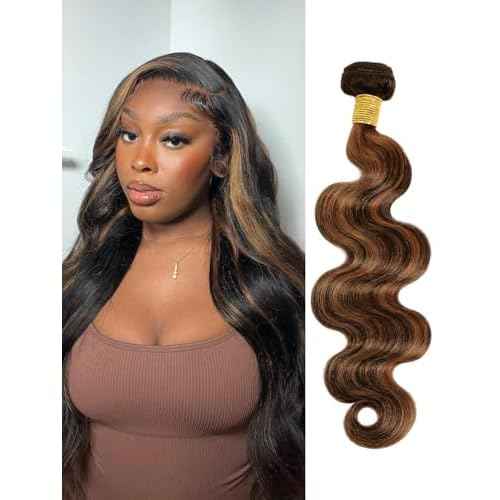 12A F1B/30 Highlight Human Hair Bundles Body Wave 18 Inch, Balayage Colored Black with Brown Ombre Single Wavy Bundle Double Weft Soft and Thick 100% Unprocessed Brazilian Remy Hair