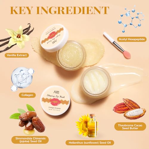 ANAI RUI Lip Mask and Scrub Set, Lip Sleeping Mask & Lip Exfoliator/Scrub for Exfoliating & Lip Overnight Treatment, Lip Care Gift Kits for Dry, Chapped & Dark Lips, Christmas Gifts, Vanilla