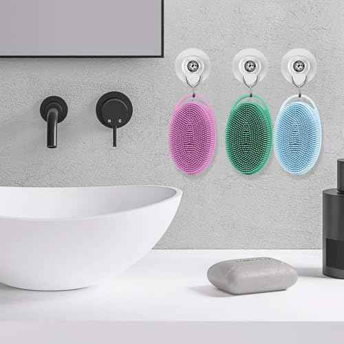 Soft Silicone Body Scrubber 3 PCS Silicone Body Shower, Silicone Loofah 2 in 4 Bath and Shampoo Brush, Body Scrubber Shower Cleaning Exfoliating Use for Sensitive Skin, Lather Well, Blue,Green,Purple