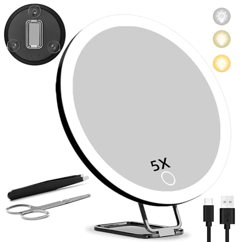 5X Magnifying Mirror with Light, 5X Makeup Magnifying Mirror, 6'' LED Magnifying Mirror Large Lighted Makeup Magnification Mirror with Adjustable Stand & Suction Cups, Compact Travel Magnifying Mirror