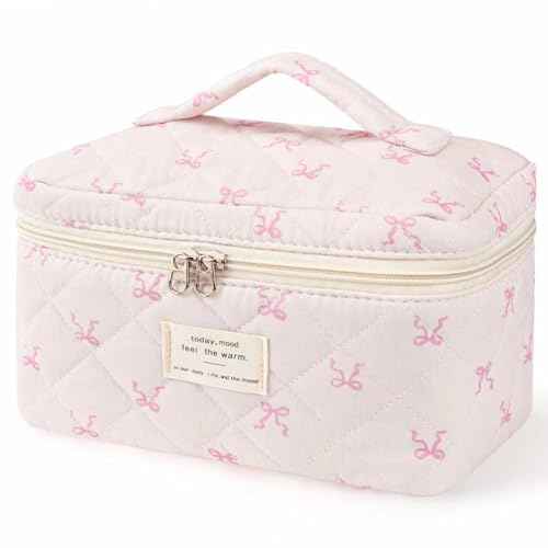 Large Travel Quilted Makeup Bag£¬Cute Bow Cotton cosmetic bag, Fashionable aesthetic makeup bag,Coquette Aesthetic Floral Travel Toiletry Bag for Women and Girls