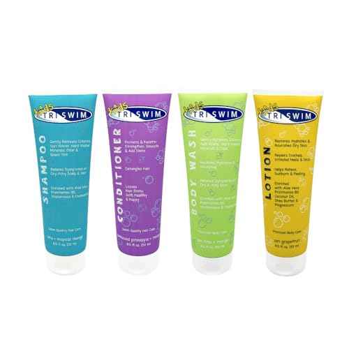 TRISWIM Kids After Swim Value Pack of 4 Travel Mesh Bag + Swim Care Chlorine Removal Body Wash + Swimming Lotion + Swim Shampoo and Conditioner 8.5 fl oz Keep your Little Swimmers Clean and Healthy