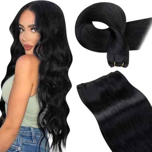 LaaVoo Sew in Hair Extensions Real Human Hair 24 Inch 120g Weft Hair Extensions Human Hair Black Women Weft Extensions Sew in Long Straight Jet Black
