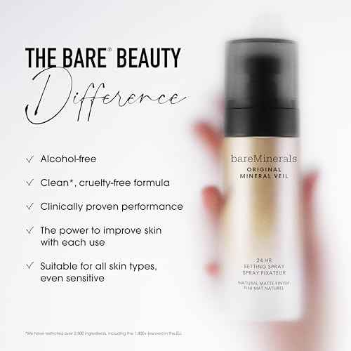 bareMinerals Original Mineral Veil Natural Matte Setting Spray, 24HR Makeup Lock & Oil Control, Alcohol-Free, Sweat & Transfer-Proof, Ultra-Fine Mist for Smooth, Matte Finish