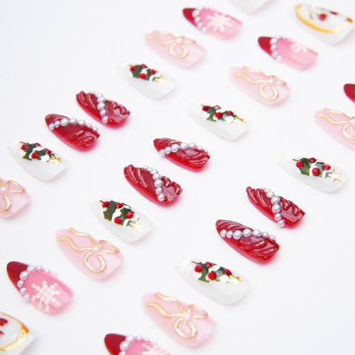 Christmas Press On Nails Medium-Reusable Almond Fake Nails with 3D Bow Pearl Snowflakes Xmas Tree Designs Red French Tips Nails Glitter Winter Xmas Nails Press On for Women Girls,30 Pcs