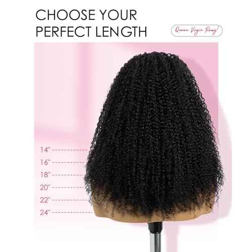 QUEEN VIRGIN REMY QVR Lace V-Part Wig Human Hair Kinky Curly No Leave Out V Shape Full Head Clip In Half Wig with Drawstring Natural Black Curly U Part Human Hair Wig for Black Women 14 Inch