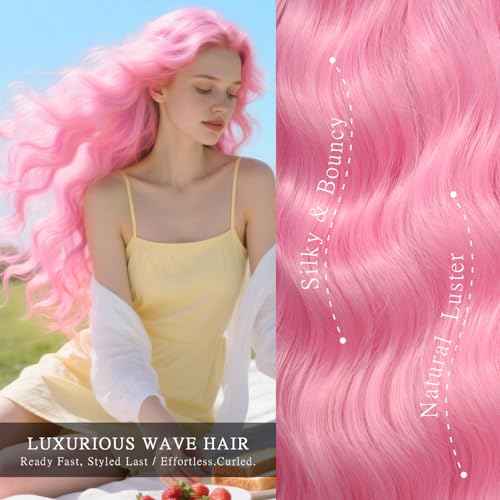 Long Wavy Pink Wig for Women 28 Inch Middle Parted Dream Pink Curly Wig Natural Looking Heat Resistant Fiber Synthetic Wig for Daily Party Halloween Cosplay Use
