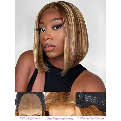 ORIGINAL QUEEN OQ Hair Glueless Wigs Human Hair 5x7 Bob Straight Wigs for Women Highlight Blonde Wear and Go Short Bob Wigs Pre Plucked Pre Cut Pre Bleached 4/27 Color 16Inch
