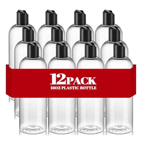 16 oz Clear Plastic Empty Bottles with Black Disc Top Caps, 12 Pcs Squeezable Refillable Shampoo Bottles Travel Cosmetic Containers for Lotions, Body Soap Cream