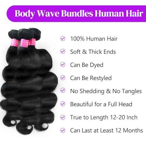 12A Body Wave Bundles Human Hair 20 22 24 Inch Human Hair Bundles 100% Unprocessed Brazilian Virgin Hair 4 Bundles Hair Extensions Real Human Hair for Women Quick Weave Hair Natural Black
