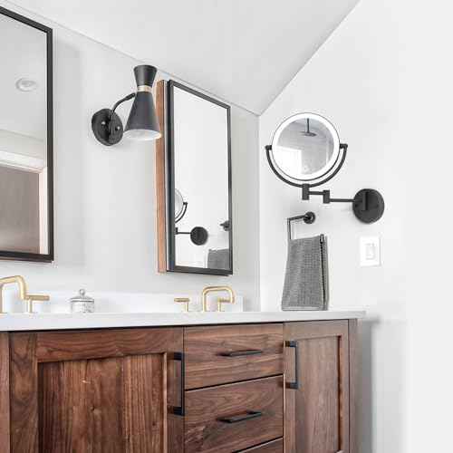 8" Wall Mounted Lighted Makeup Vanity Mirror with 3 Color Lights Stepless Dimming, 1X/10X Magnifying LED 2-Sided Bathroom Touch Sensor Extendable Arm 360 Swivel Shaving Mirror Hardwired, Matte Black