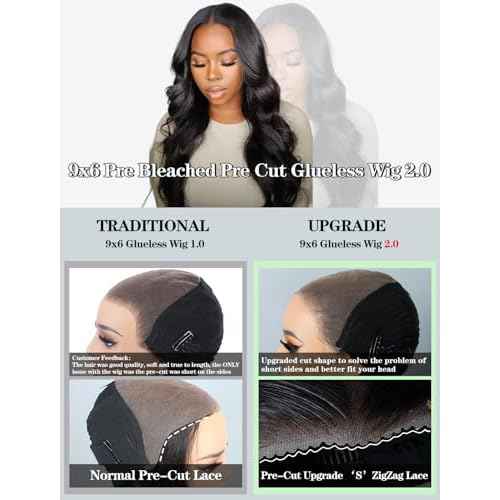 Kapelli Hair Glueless HD Lace Front Wigs Human Hair Pre Plucked Bleached Knots with Baby Hair 200% Density 9x6 Body Wave Lace Closure Wigs for Black Women Natural Black Color 24 Inch