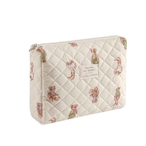 uekeboag Quilted Cotton Makeup Bag,Coquette Quilted Toiletry Bag for Women and Girls,Floral Coquette Pouch,Cute Kawaii Travel Cosmetic Bags(White Bear)