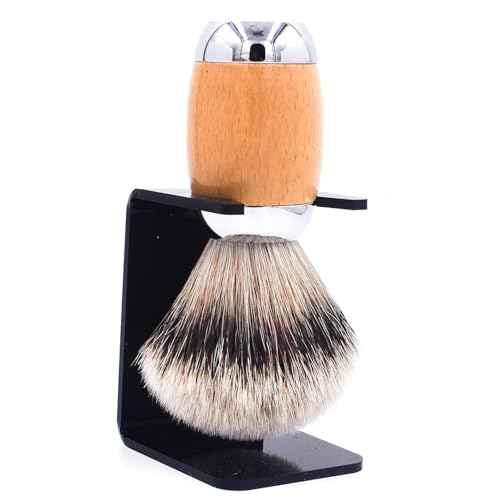 Taconic Shave's Extra Dense 100% 3-Band Silvertip Badger Luxury Shaving Brush ?Deluxe Beechwood and Chrome Handle - Shaving Stand Included