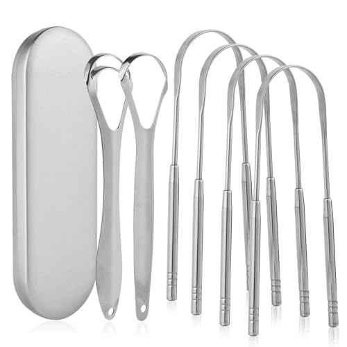 6 Pack Tongue Scraper - Reusable & Easy to Clean Tongue Scrubber with Travel Case for Adults & Kids - Medical-Grade 100% Stainless Steel Tongue Cleaner for Fresh Breath & Oral Care