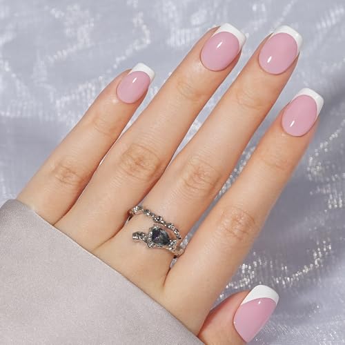 French Gel Nail Tips - Jofay Fashion French Tip Press on Nails, 10-Piece Set 320Pcs Short Square Nail Tips, Pre-applied Tip Primer & Base Coat, No Need to File Fake Nails for Nail Extension, 16 Sizes