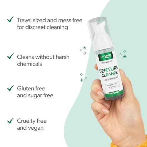 EverSmile FreshDent Denture and Partial Denture Cleaner + Teeth Whitening Spray and Foam? Travel Size Alternative to Cleaning Tablets That Eliminates Bacteria and Fights Bad Breath ? 50ml + 10ml (4pk)