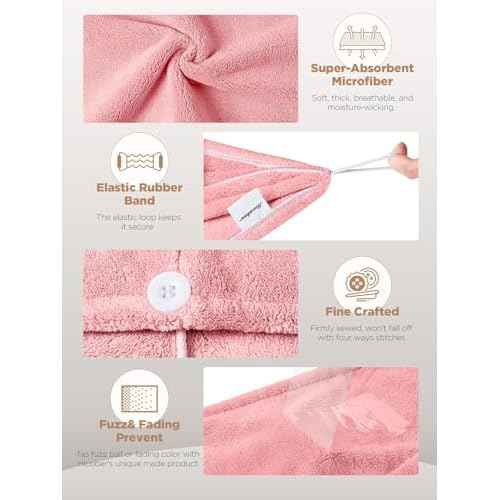 Hicober Microfiber Hair Towel, 2Packs Hair Turbans Wrap for Women Wet Hair, Hair Drying Towels for Curly Hair Anti Frizz(Purple,Pink)