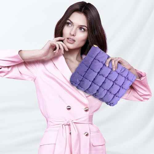Hillban Purple Puffy Quilted Makeup Bag Quilted Cosmetic Bag Cute Puffer Toiletry Checkered Pouch Aesthetic Travel Makeup Brushes Organizer(Classic)