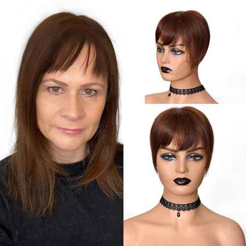 Hair Topper with Bangs Crown Coverage 5 * 5.5'' Cap size, 130% Density Straight Remy Hair Full Hand Tied Hair Piece (Medium brown, Bangs 4#, 8 Inch)