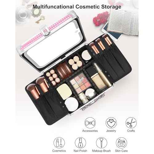 Relavel Makeup Bag with LED Mirror, Makeup Box Travel Train Case with Rechargeable Lighted Mirror, Cosmetic Brush Organizer Storage for Makeup Artists Gifts for Women and Girls, Pink
