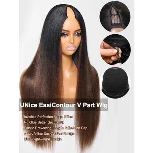 UNICE V Part Wigs Human Hair Yaki Straight Clip in Vpart Glueless Human Hair Wig No Sew in No Glue Ombre Chestnut Brown Beginner Friendly 150% Density 18 inch