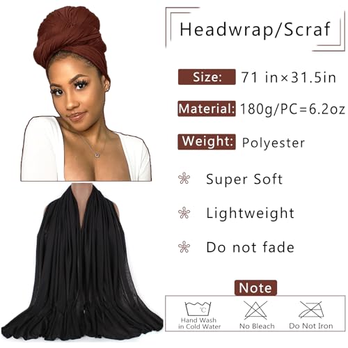COOKOO 2 Piece Stretch Hijab Extra Jersey Turban African Women's Soft Head Wraps Fashion Head Scarf Long Solid Color Head Band Head Scarf for Women(Black+Coffee)