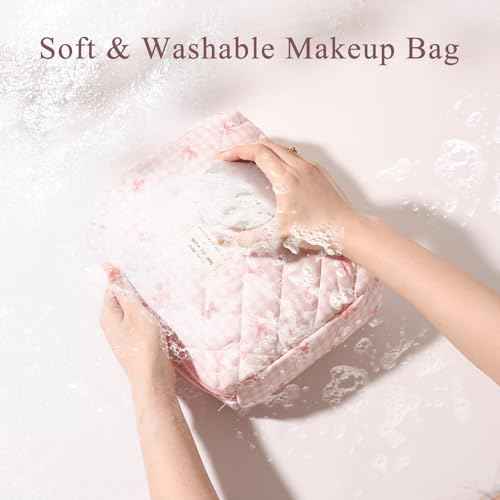 Anfly Makeup Bag, Quilted Cosmetic Bags, Large Floral Make Up Bag, Cute Makeup Bag 3PC Set for Women Girls (Pink)