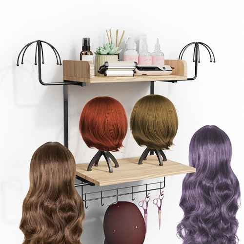 Hanging Wig Organizer with 6 Hooks, Wall Mounted Wig Stand and Wooden Storage Shelf