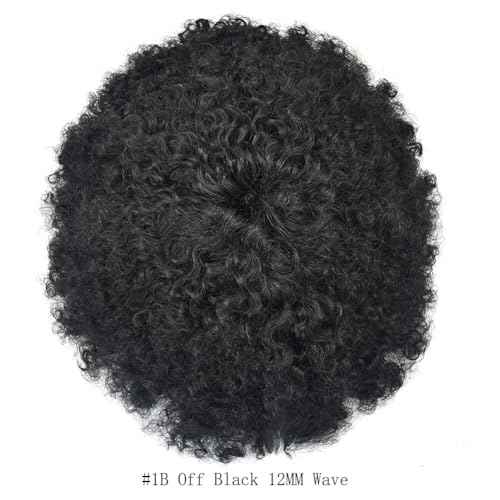 Afro Toupee for Black Men Kinky Curly Brazilian Human Hair Piece African American Wavy Hairpiece Full Poly Thin Skin PU Replacement System(8x10-120% Density,#1B Off Black-12MM Wave)