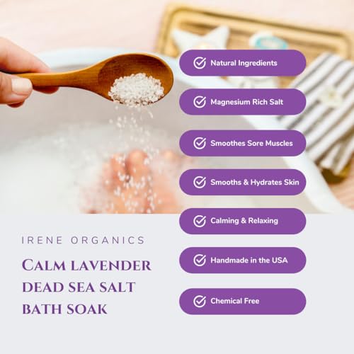 Irene Organics All Natural Bath Salt Soak - Exfoliating Dead Sea Salt + Himalayan Salt Bath Body Scrub for Calm, Soothing and Detoxing (CALM - Lavender)