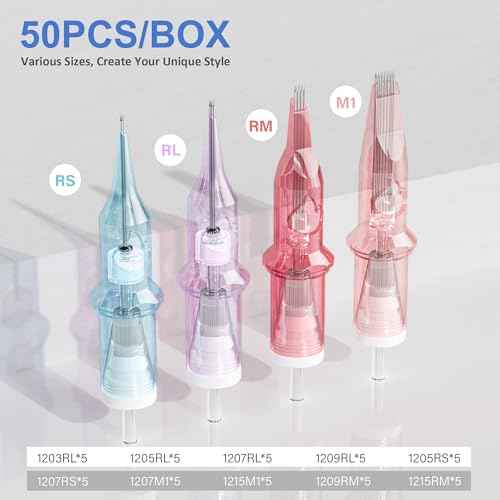 Neebol 50Pcs Tattoo Cartridge Needles Assorted Mixed Sizes - #12(3/5/7/9RL¡¢5/7RS¡¢7/9/15RM¡¢15M1) - Professional Tattoo Needles Cartridges for Lining & Shading Disposable Membrane for Tattoo Pen