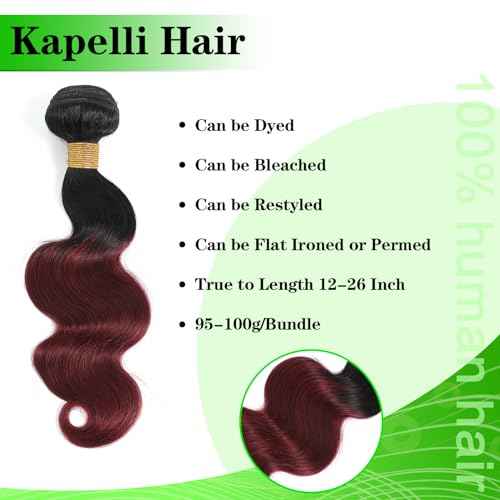 Kapelli Hair Ombre Human Hair Bundles With Closure (12 14 16+12) 100% Brazilian Virgin Human Hair Body Wave Bundles with Closure 2 Tone Black to Burgundy Human Hair Weave