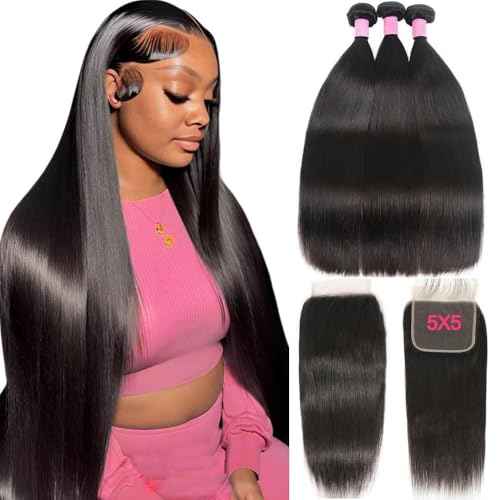 12A Straight Bundles Human Hair with 5x5 Closure 14 16 18+12 Inch Brazilian Human Hair Weave Bundles with 5x5 HD Lace Closure 100% Unprocessed Virgin Hair Extensions