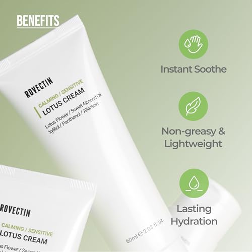 ROVECTIN Calming Lotus Water Cream - Lightweight Moisturizer Face Cream for Oily, Combination Skin | 75% Lotus Water Extract For Skin Purifying, Anti-Aging | Vegan Korean Skincare (2.1 fl.oz, 60ml)