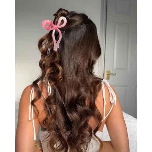 Ayesha Bows Claw Clips - 2 Colors Ribbon Coquette Clips for Thick Hair and Girls, Including Pink