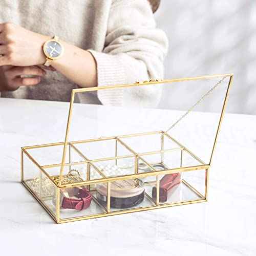 Golden Vintage Glass Box Clear Glass & Brass Metal Storage Jewelry and Cosmetic Makeup Lipstick Holder Organizer Beauty Display, 6 Compartment
