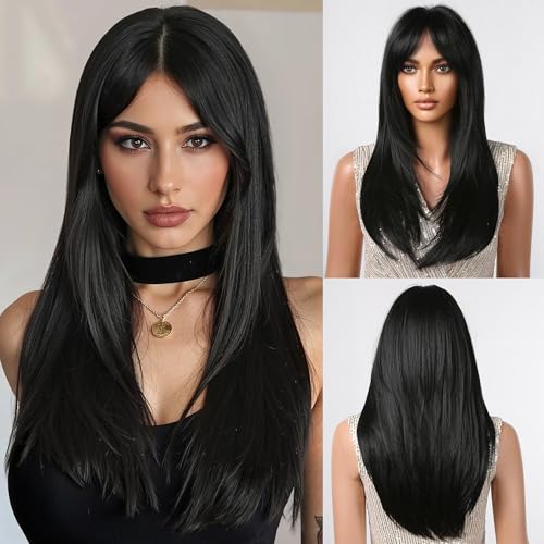 testar Black Wigs For Women Long Straight Black Wigs With Curtain Bangs Synthetic Heat Resistant Layered Wig Natural Looking Wigs For Daily Party Use 24 Inch