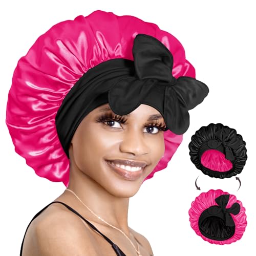 BONNET QUEEN Silk Bonnet for Sleeping Satin Bonnet with Tie Hair Wrap Double Layer Sleep Cap for Women Curly Hair, Black Hot Pink