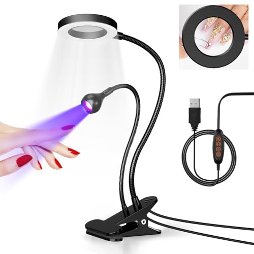 krofaue Dual-Headed UV Nail Lamp with 6¡¿ Magnifier, 3W Adjustable Flash Cure Lamp for Gel Nails Desk Clip on Nail Light for Home and Salon DIY