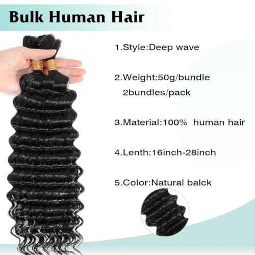 Human Braiding Hair for Boho Braids Deep Wave Bulk Human Hair Brazilian Virgin Curly Human Hair Extension Wet and Wavy Micro Human hair Braiding Hair 2 Bundles/Pack 100g(Natural Black,26inch)