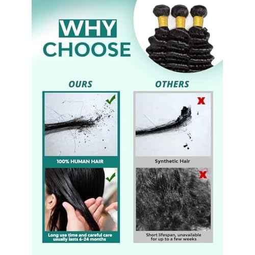 12A Deep Wave Human Hair Bundles 18 20 22 Inch Raw Curly Bundles Human Hair 100% Unprocessed 3 Bundles Brazilian Virgin Human Hair Extensions Quick Weave Natural Black Color