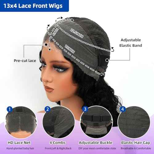 13x4 Deep Curly Glueless Wigs Human Hair Deep Wave Lace Frontal Wet and Wavy Wig 20 Inches 180 Density Water Wave Lace Front Wigs Human Hair Pre Plucked with Baby Hair Natural Black 1B