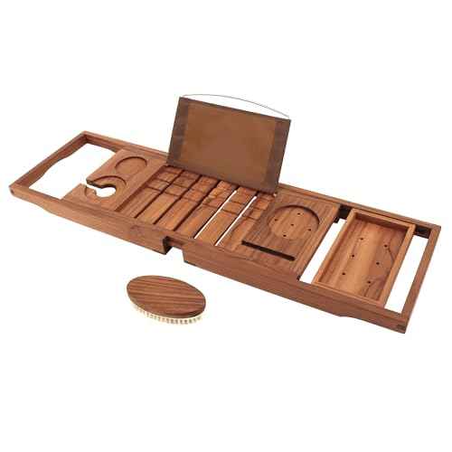 VaeFae Premium Teak Bathtub Tray, Expandable Wooden Bath Tray for Tub, Luxury Bathtub & Bathroom Accessories, Great House Warming, Anniversary & Wedding and Birthday Gifts (Free Teak Body Brush)