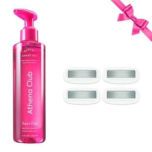Athena Club Women's Shave Kit, Glossy Shave Oil, Super Pink + 4 Razor Blade Refills