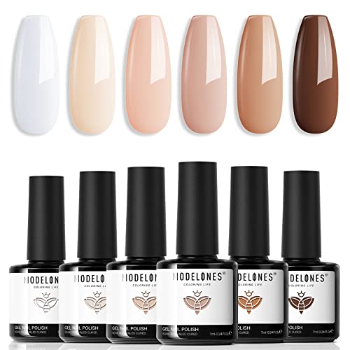 modelones Gel Nail Polish Set - 6 Colors Nude Brown White Skin Tone Neutral Beige Tan Taupe Gel Nail Polish Kit Popular All Seasons Summer Soak Off Nail Art Manicure DIY Salon at Home Gifts for Women